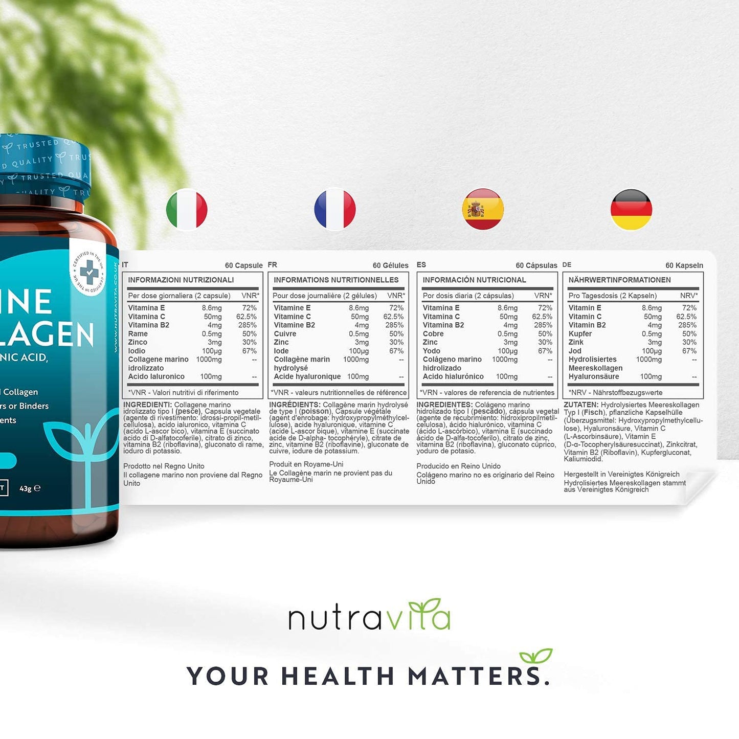 Marine Collagen 1000mg - 60 Capsules of Superior Type 1 Hydrolysed Collagen - Enhanced with Hyaluronic Acid, Vitamin C, Vitamin E, Vitamin B2, Zinc, Copper and Iodine - Made in The UK by Nutravita