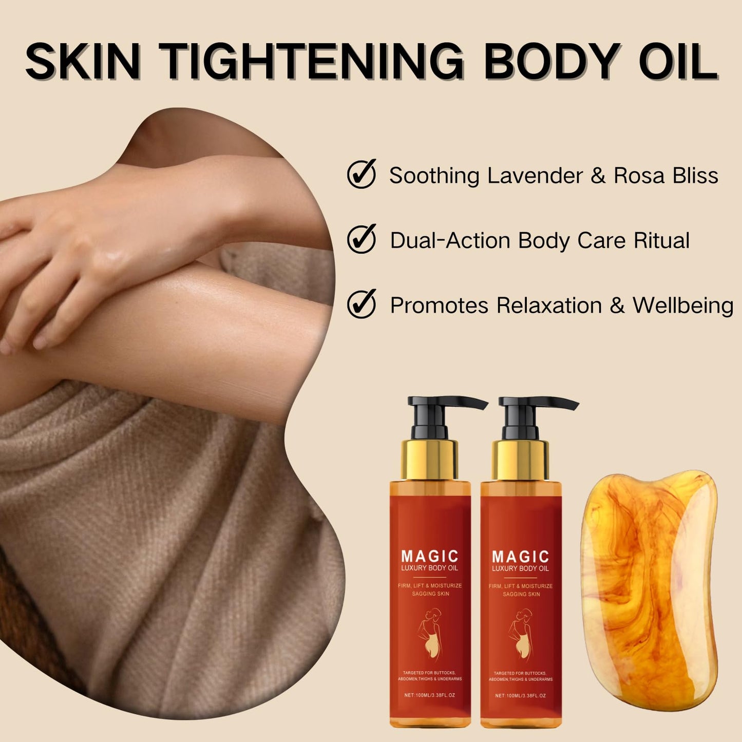 2PCS Firming Body Oil,Magic Body Oil with Gua Sha Tool,Skin Tightening Body Moisturiser for Women, Hydrates Dry Skin, Visibly Reduces Fine Lines & Enhances Glow,Massage Oil with Rose & Lavender