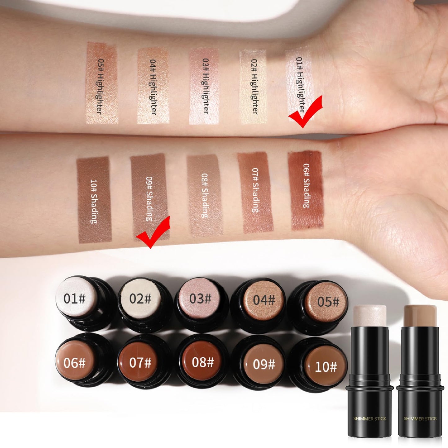 YUYUE-YY Highlighter Makeup Contour Stick, Highlighter Contour Bronzer Wand, Face Brightens Contour Stick for Long-Lasting & Waterproof. Face Make-up & Body Contour Highlight Makeup Illuminator (1#+9#)
