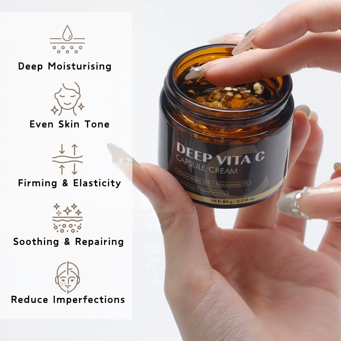 Deep Vita C Capsule Cream - Brightening Face Cream for Dull Skin, Collagen Hydra Core Cream with 5% Niacinamide & Vitamin C, Reduce Uneven Skin Tone and Wrinkles, Antioxidant Firming Moisturiser