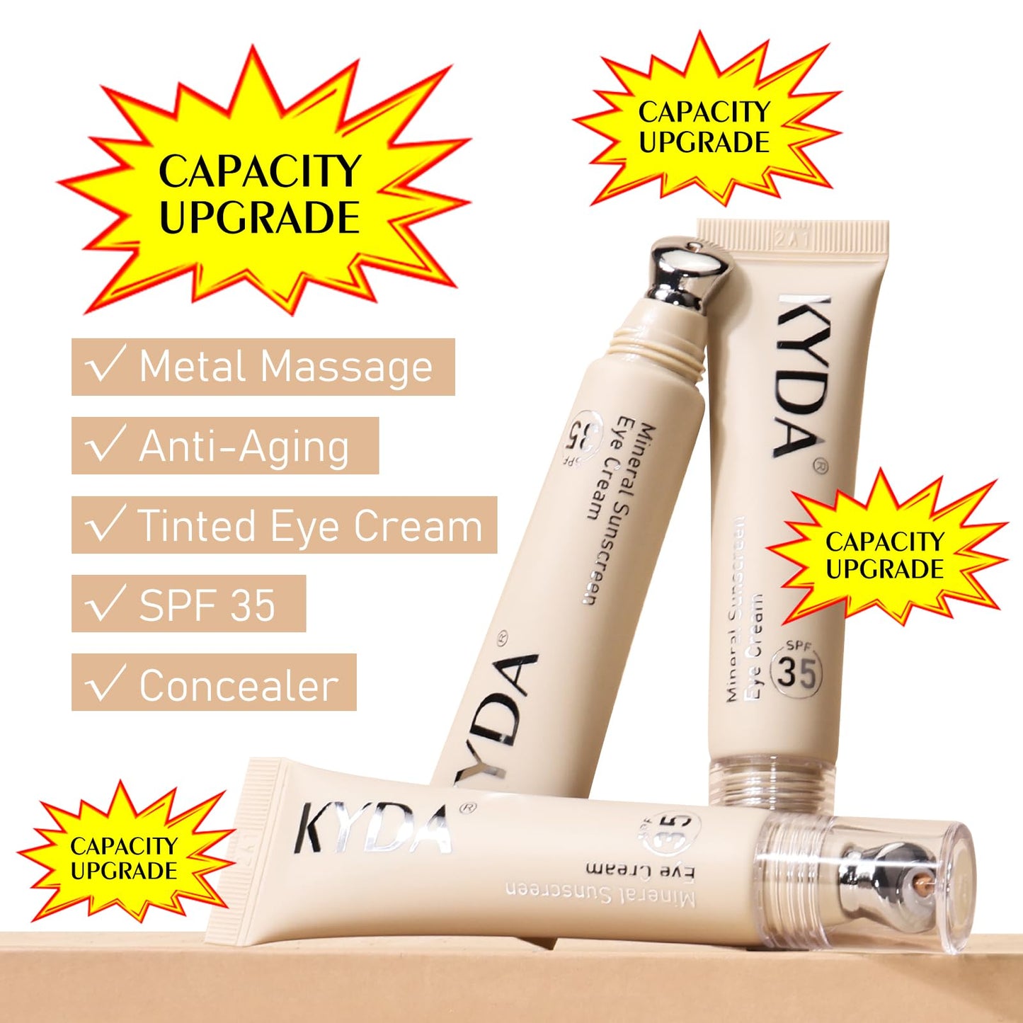 KYDA Mineral Sunscreen Eye Cream, Packaging Upgrade, 3-in-1 Anti-Aging Under Eye Cream for Dark Circle and Fine Lines, SPF 35, Light