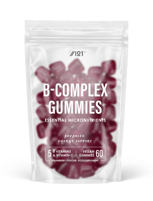 B Complex Gummies - Potent Formula Contains 5 Essential B Vitamins & Vitamin C, Strawberry Flavour - Halal, Non GMO - 60 Vegan Fruity Gummies.