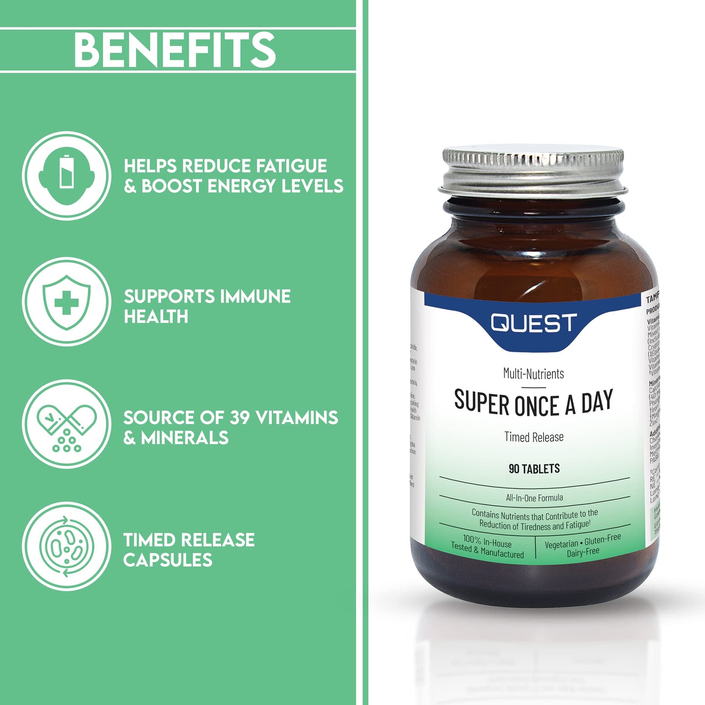 Quest Super Once A Day Multivitamin & Minerals Tablets. 17 Vitamins & 12 Minerals with Vitamin A, B, C, D, Iron & Zinc for Men & Women. for Optimal Health, Reduces Fatigue & Immunity. (90 Tablets)