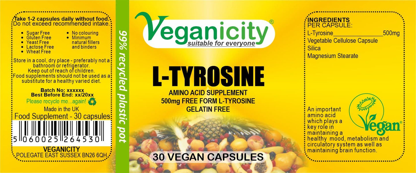 Veganicity L-Tyrosine 500mg : Amino Acid Supplement - 30 Vegan Capsules,in a Planet-Friendly 99% Recycled Pot