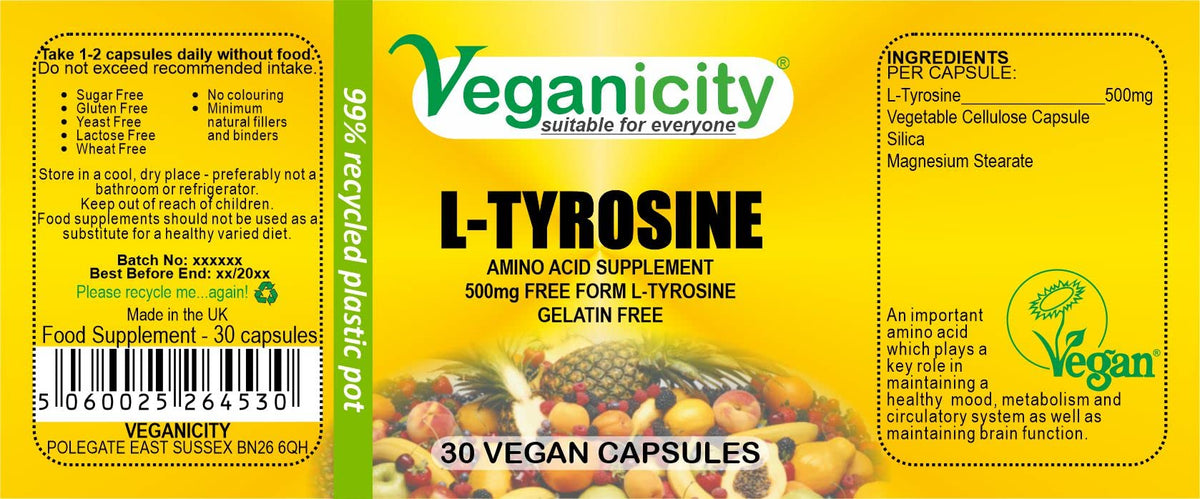 Veganicity L-Tyrosine 500mg : Amino Acid Supplement - 30 Vegan Capsules,in a Planet-Friendly 99% Recycled Pot