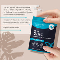 Zinc Tablets 50mg – 120 High Strength Vegan Tablets (4 Months Supply) – Highly Absorbable Zinc Supplements for Maintenance of Normal Immune System, Bones, Hair, Skin & Nails – Made in UK by Nutravita