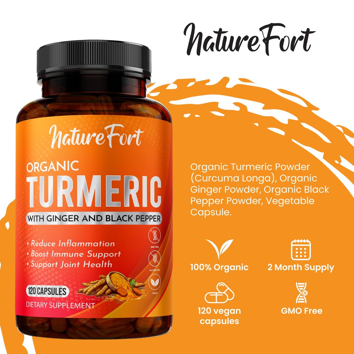 Nature Fort Organic Turmeric Capsules High Strength 1400mg with Black Pepper and Ginger – Active Curcumin Formula – 120 Veg Capsules – Organic, Vegan, and Non-GMO – Enhanced Absorption