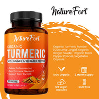 Nature Fort Organic Turmeric Capsules High Strength 1400mg with Black Pepper and Ginger – Active Curcumin Formula – 120 Veg Capsules – Organic, Vegan, and Non-GMO – Enhanced Absorption