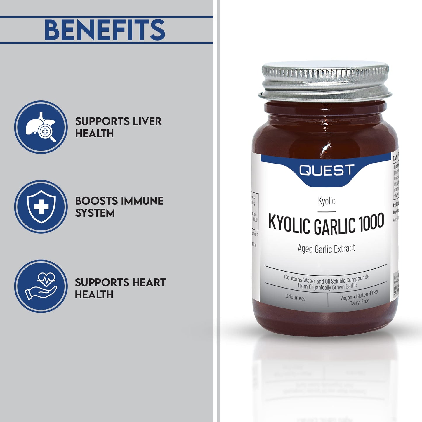 Quest Kyolic Garlic 45 Tablets - 1000mg High Strength Odourless Aged Garlic Extract For Heart, Liver & Immune Function. Daily Garlic Supplement, Improve Circulation, Liver Detox & Immunity (Pack of 1)