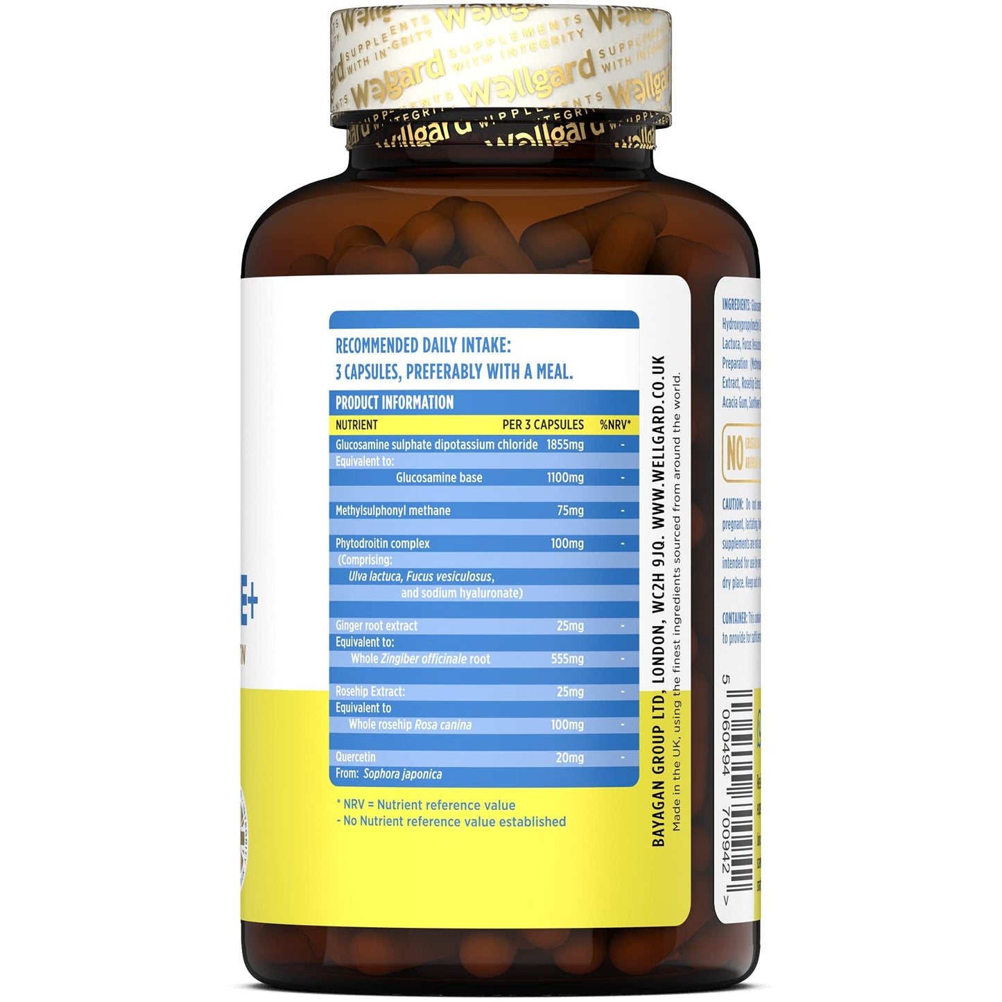 Vegan Glucosamine Phytodroitin by Wellgard - Quercetin, MSM, Botanical Alternative to Chondroitin (Phytodroitin), Ginger Extract, Extract, Rosehip, Made in UK