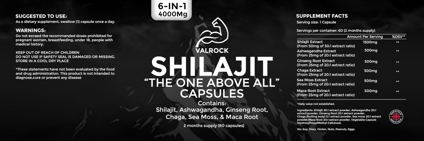 Shilajit 6-in-1 Capsules 4,000mg - Added Ashwagandha, Maca Root, Chaga & Sea Moss. 60 High Strength Muscle Building Capsules (2 Months Supply)