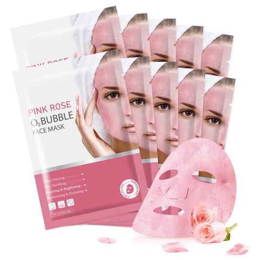 IREV 10 Pack Pink Rose O2 Bubble Face Masks Sheet Foaming Face Mask Purifying Facial Mask for Acne and Pores for Deep Cleansing and Rejuvenating Facial Treatment Mask Beauty Skincare