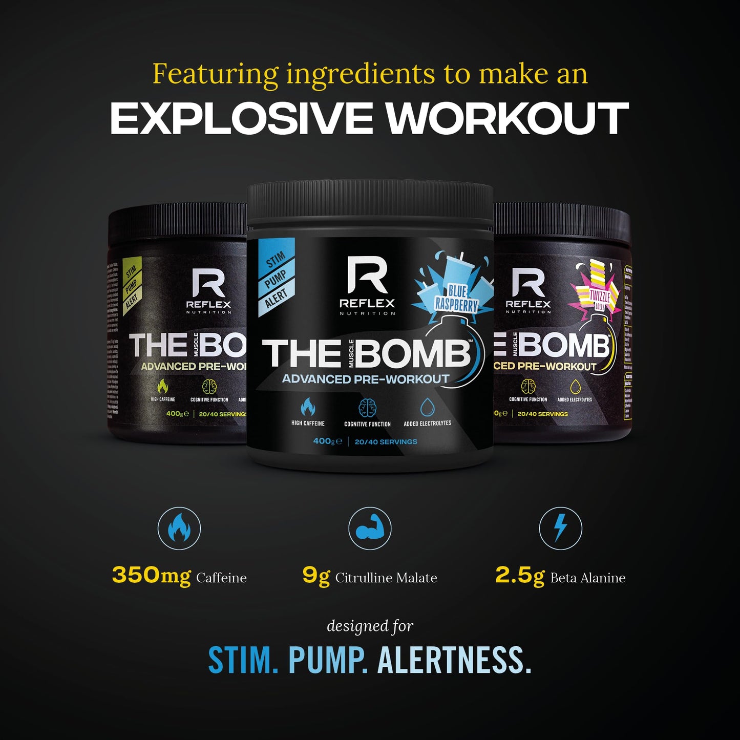 Reflex Nutrition Pre Workout The Muscle Bomb 350G Caffeine 9G Citrulline Malate 2.5G Beta Alanine Added Hydration Electrolytes (Blue Raspberry, 400G)