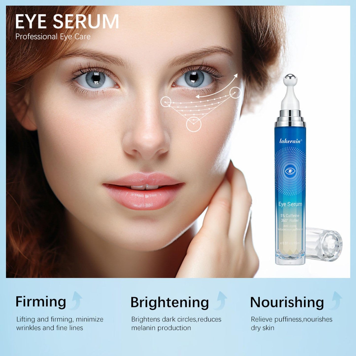 Grospe 5% Caffeine Eye Serum for Dark Circles and Puffy Eyes with 360° Massage Ball Reduces Fine Lines Anti-Wrinkle Firming Eye Serum 15ml