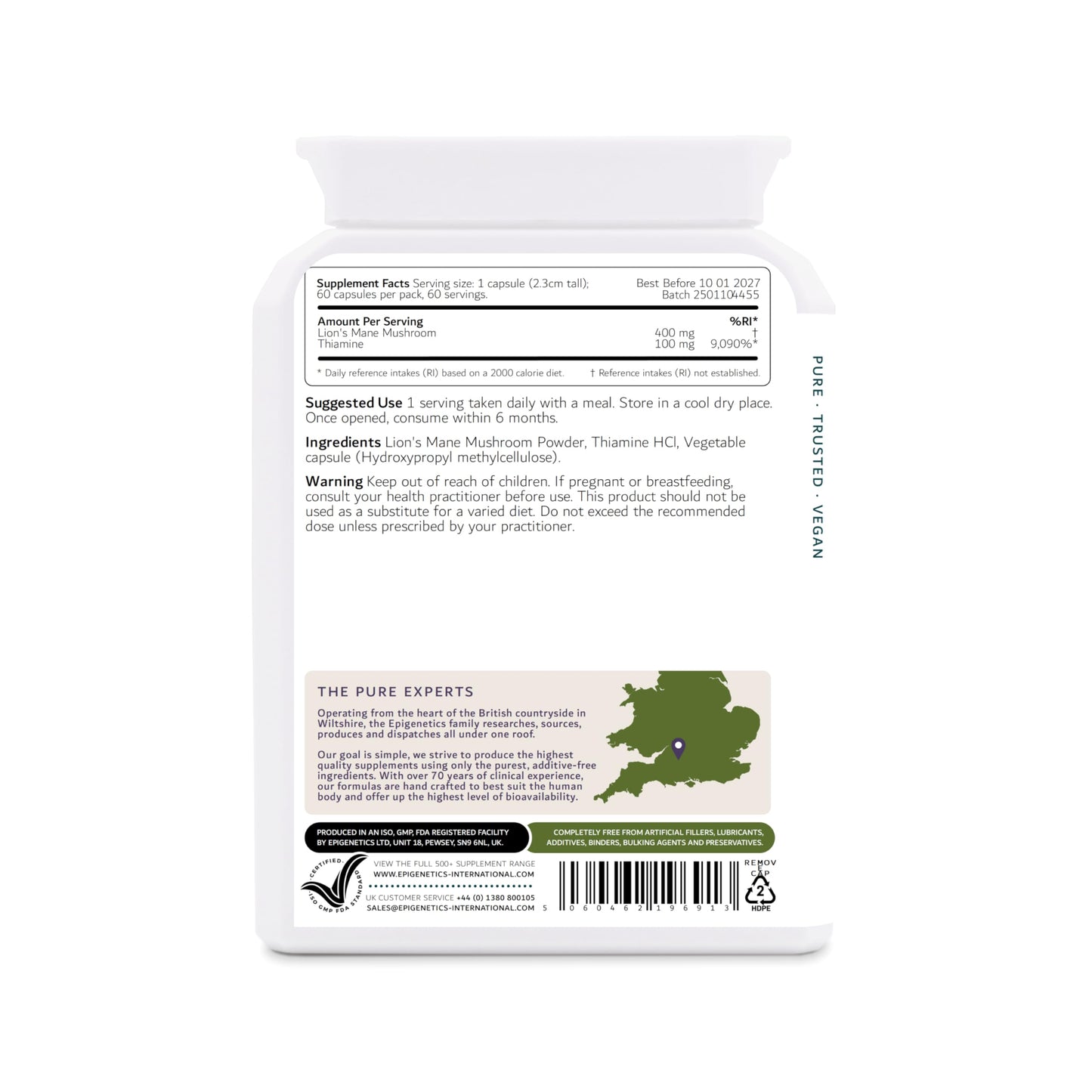 Epigenetics Cognitive Boost | 400mg Lions Mane Mushroom & 100mg Thiamine | 60 Capsules | Vegan Friendly UK Made | 1 Capsule Daily 2 Months Supply
