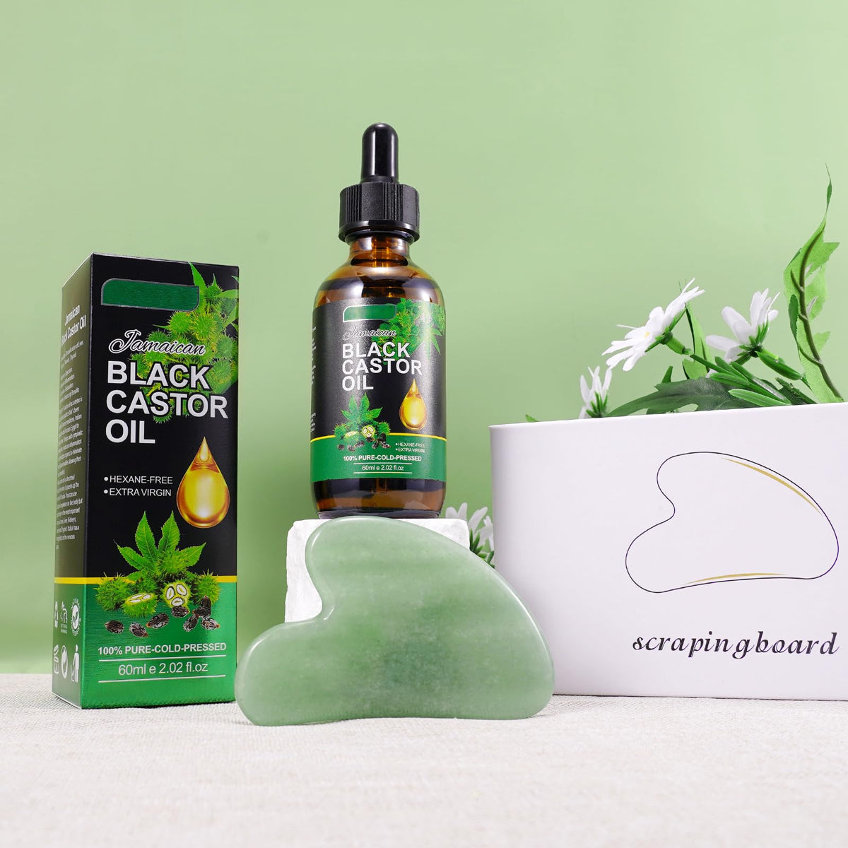 HXTMKT Jamaican Black Castor Oil Pack, Organic Castor Oil with Gua Sha Tool for Face Body Massage, Cold-Pressed Castor Body Oil Moisturize Skin Stimulate Hair Regrowth, Therapeutic Grade Massage Oil Kit 60ml