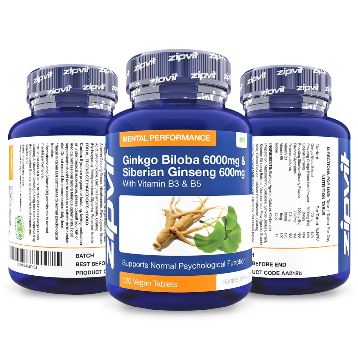Zipvit Ginkgo Biloba and Siberian Ginseng, Standardised Ginkgo 6000mg and Ginseng 600mg with Vitamins B3 and B5. 120 Vegan Tablets for Focus,Mental Performance,Boost Energy. 4 Months Supply