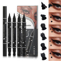 Eveloveu Waterproof Black Eyeliner Stamp Set - 5 Double-Headed Pens with Heart, Flower, Star, Butterfly & Triangle Seal Stamps for Long-Lasting, Smudge-Proof Tattoo Makeup