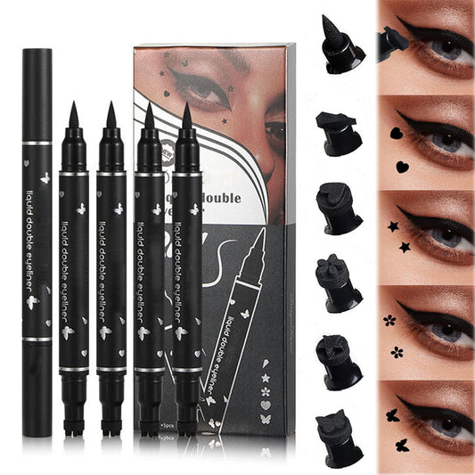 Eveloveu Waterproof Black Eyeliner Stamp Set - 5 Double-Headed Pens with Heart, Flower, Star, Butterfly & Triangle Seal Stamps for Long-Lasting, Smudge-Proof Tattoo Makeup