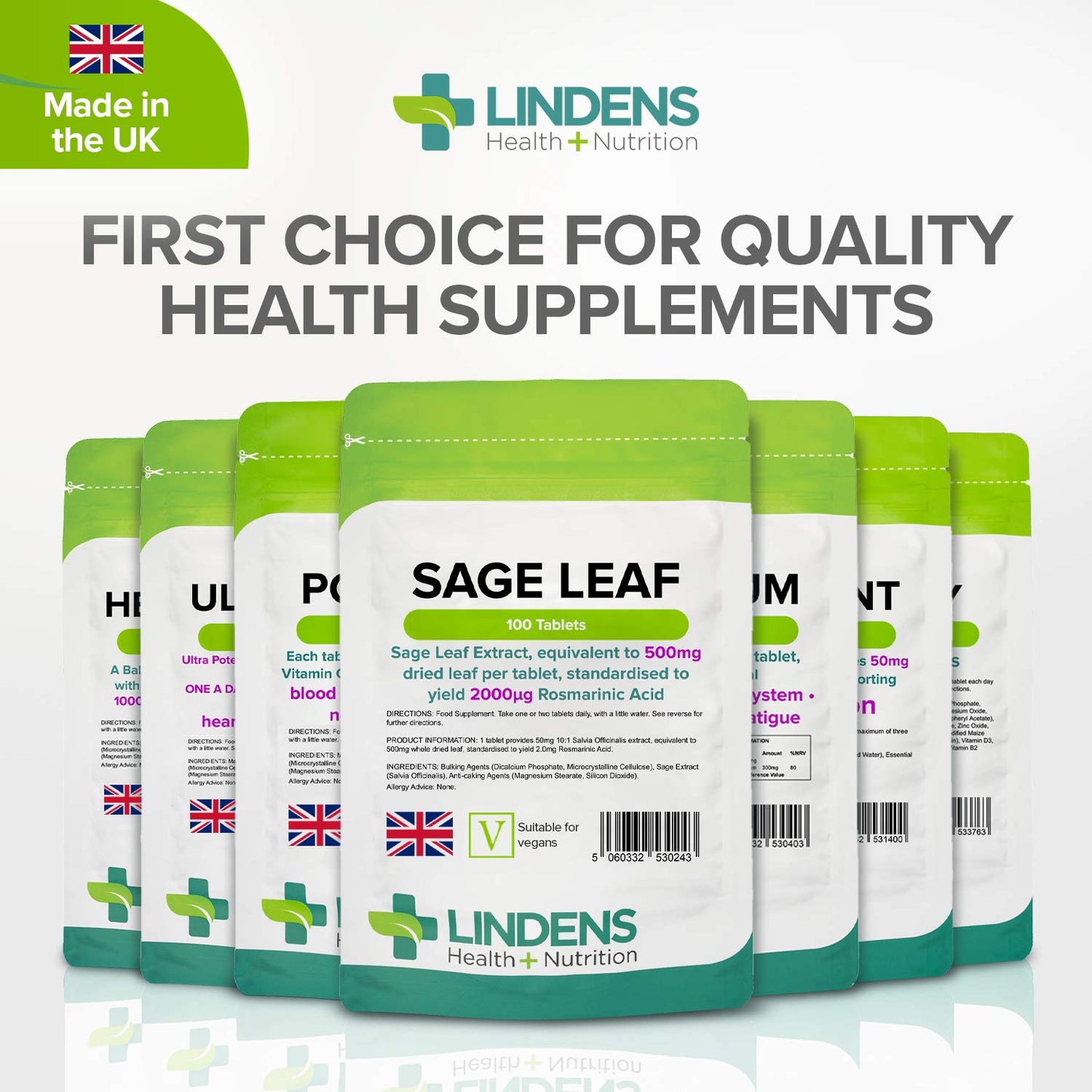 Lindens Sage Leaf Extract 500mg Tablets - 100 Pack - Equivalent to 500mg Dried Leaf Per Tablet - Standardised to Yield 2mg Rosmarinic Acid - UK Manufacturer, Letterbox Friendly