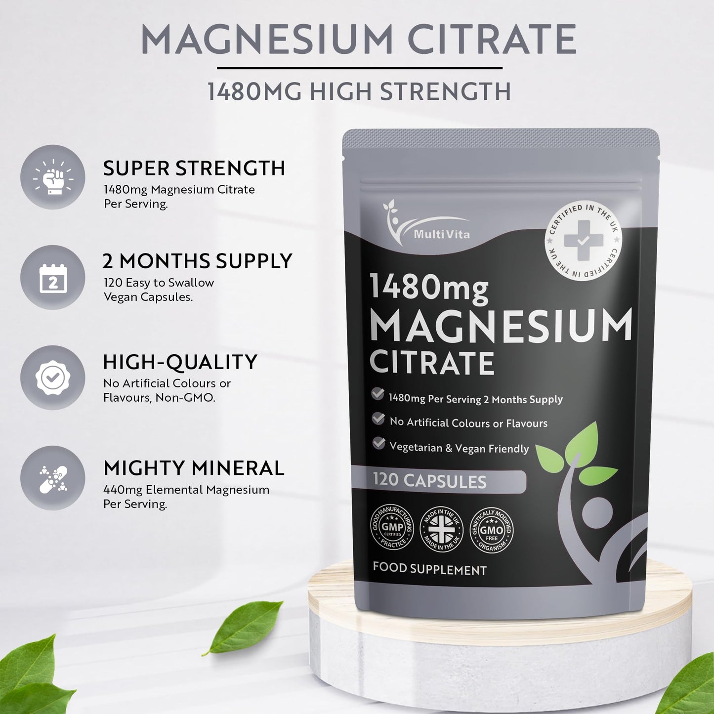 Multivita Magnesium Citrate 1,480mg 120 Vegan Capsules 2 Months Supply - Providing 440mg Elemental Magnesium Per Serving - Magnesium Capsules not Magnesium Tablets - High Strength Magnesium Supplement GMO Free