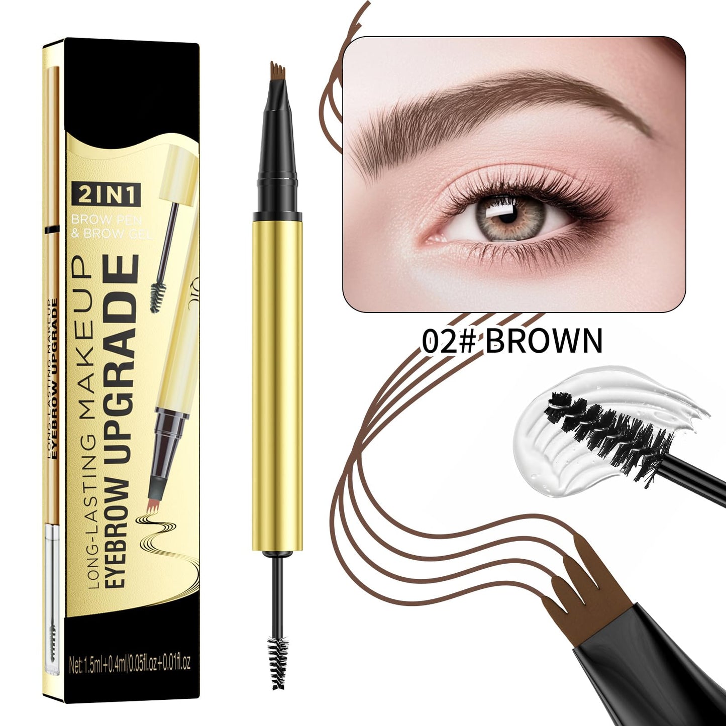 Weixinbuy 2-IN-1 Microblading Eyebrow Pen Long-lasting, Waterproof Eyebrow Pencil Dual-Ended with 4-Fork-Tip & Brow Brush & Clear Brow Gel, Fluffy & Defined Brows for Natural-Looking (2# Brown)