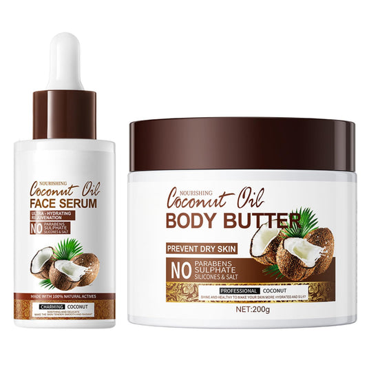 Coconut Body Butter 200g & Serum Set - Body Butter for Dry Skin - Skin Care Body Moisturiser - Natural Coconut Oil Body Cream - Butter for Moisturizing, Nourishing, Soothing, Hydrating