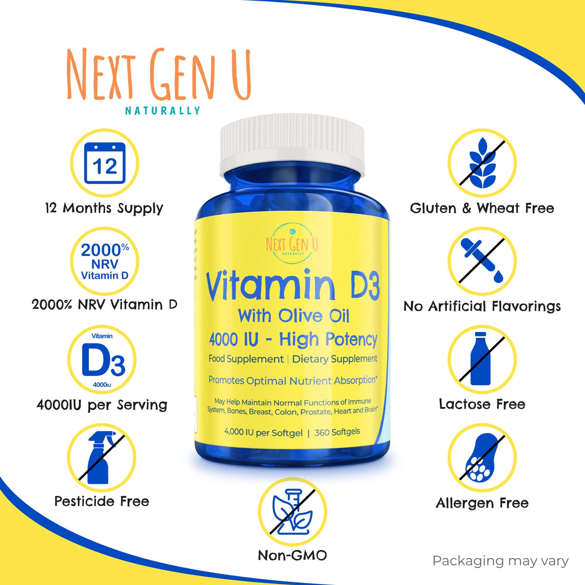 NGU Next Gen U Next Gen U Vitamin D3 4000 IU Food Supplement w/Olive Oil to Support Immune & Bone Health, 360 Softgels