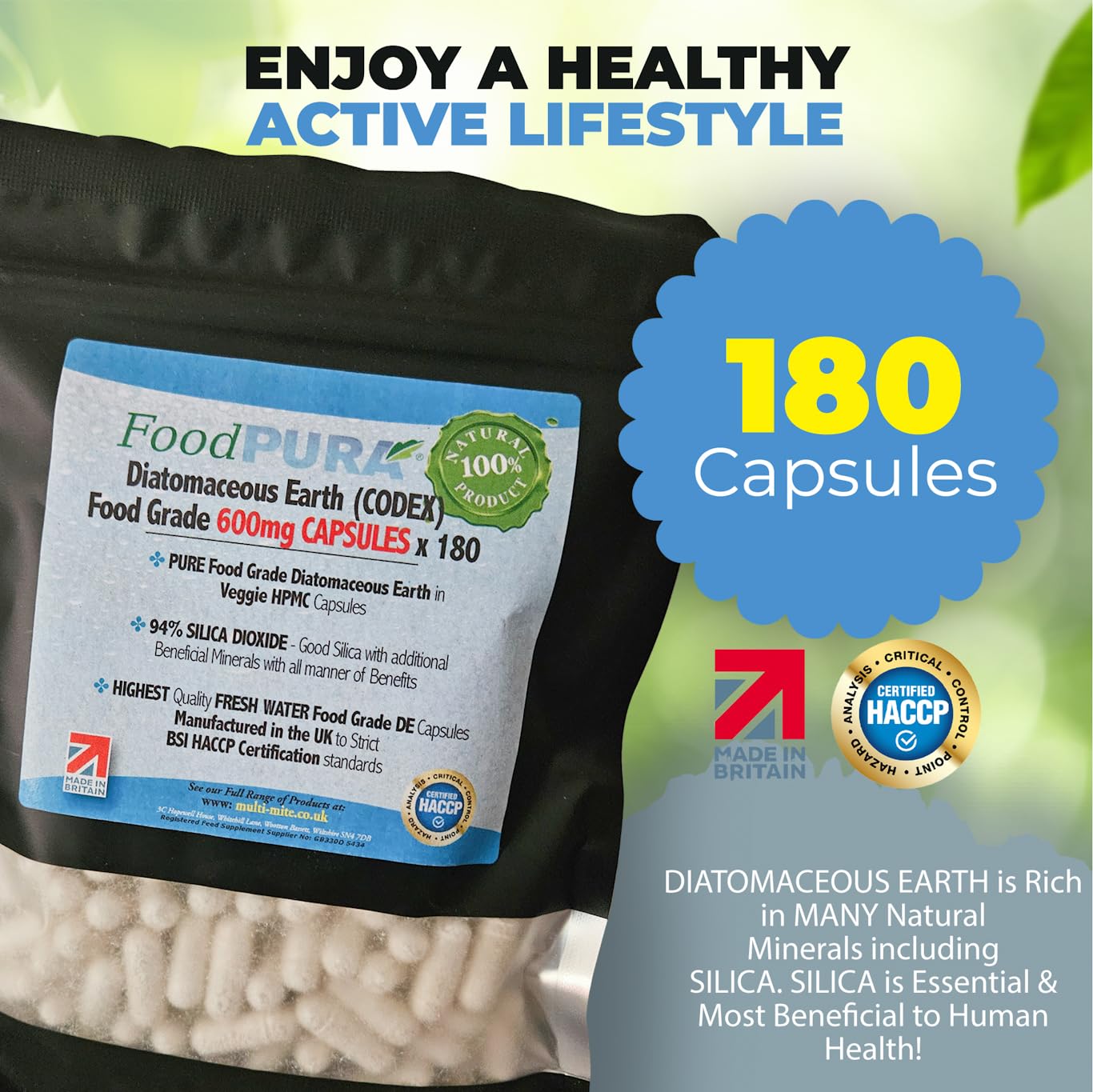FoodPURA Food Grade Diatomaceous Earth Capsules (Codex) Pure White 94% Silica Fresh Water Sourced 600mg (180)