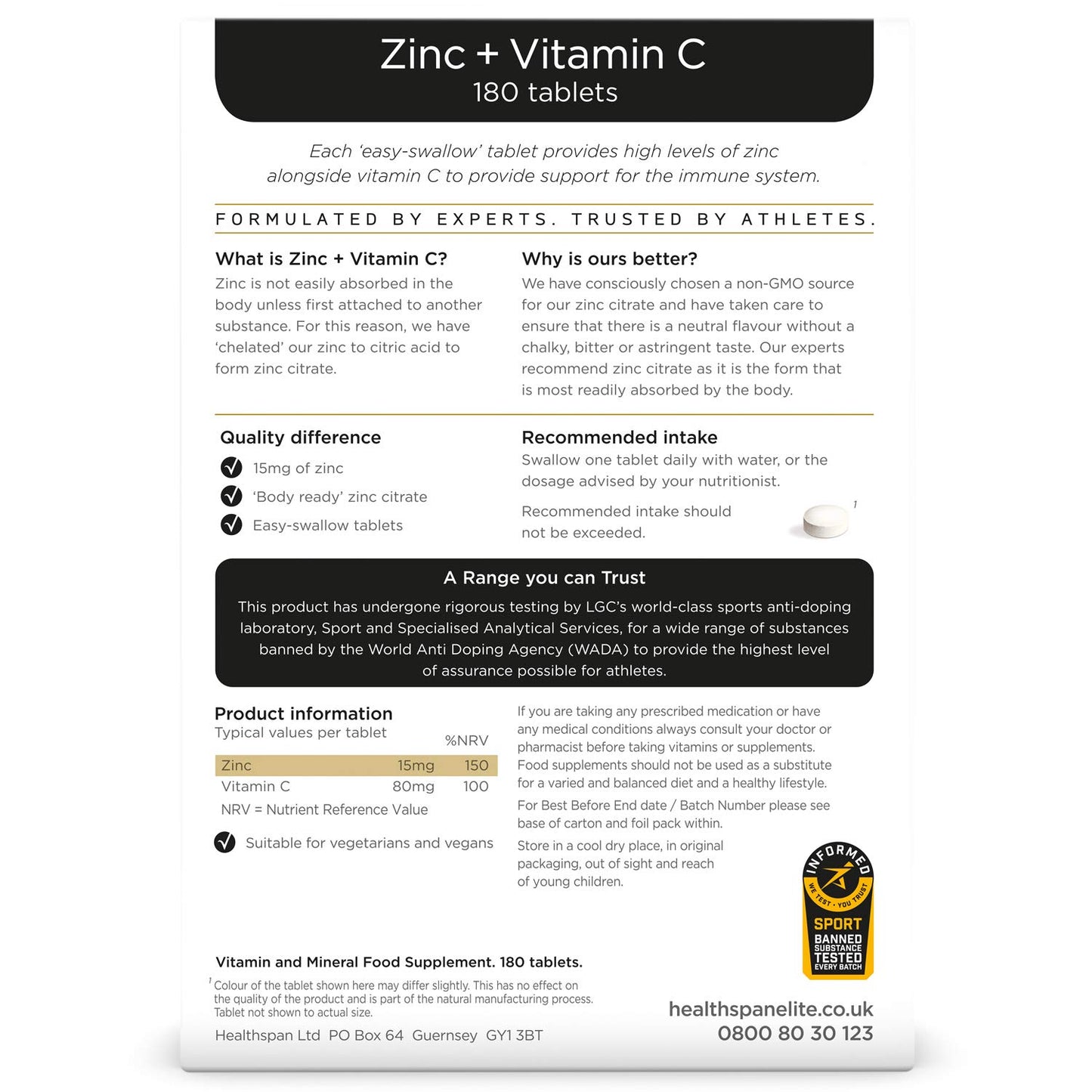 Healthspan Elite Zinc & Vitamin C (6 months’ supply) | 15mg Zinc & 80mg Vitamin C to support your immune health | All Blacks Official Partner | Easy swallow tablets | Informed Sport Accredited | Vegan
