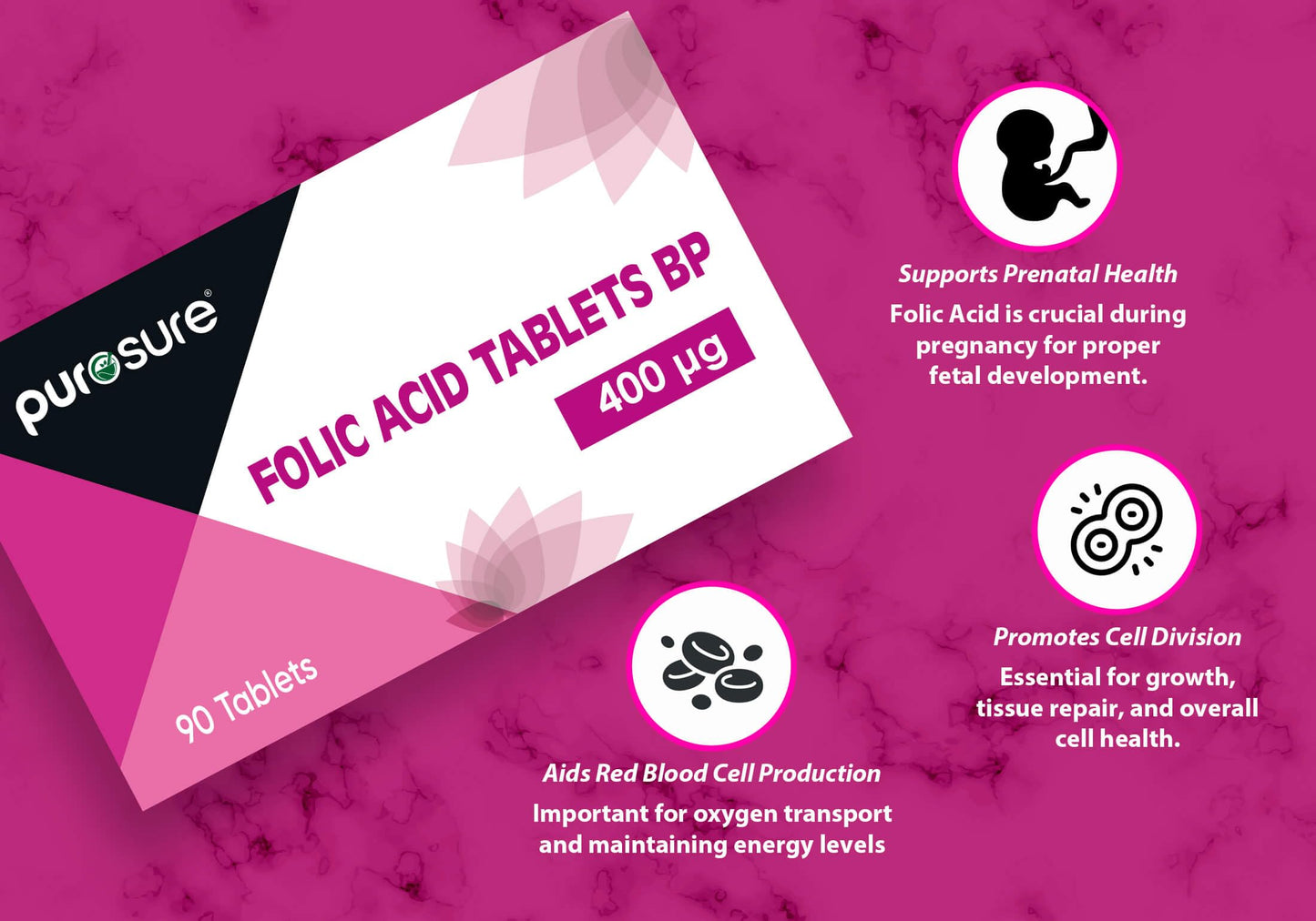 PuroSure Folic Acid 400 mcg Tablets 4Pack 360 Vitamin B9 Tablets 1 Year Supply for Pregnancy Care Supports Maternal Tissue Growth During Pregnancy Reduce Tiredness and Fatigue Boost Health and Immune System