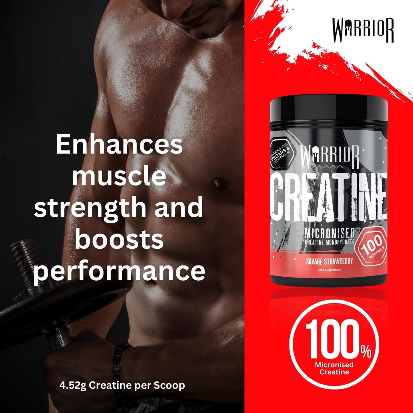 Warrior Creatine Monohydrate Powder 500g – Micronised for Easy Mixing and Consumption – Proven to Improve Physical Performance/Recovery, 5g Servings (Savage Strawberry)