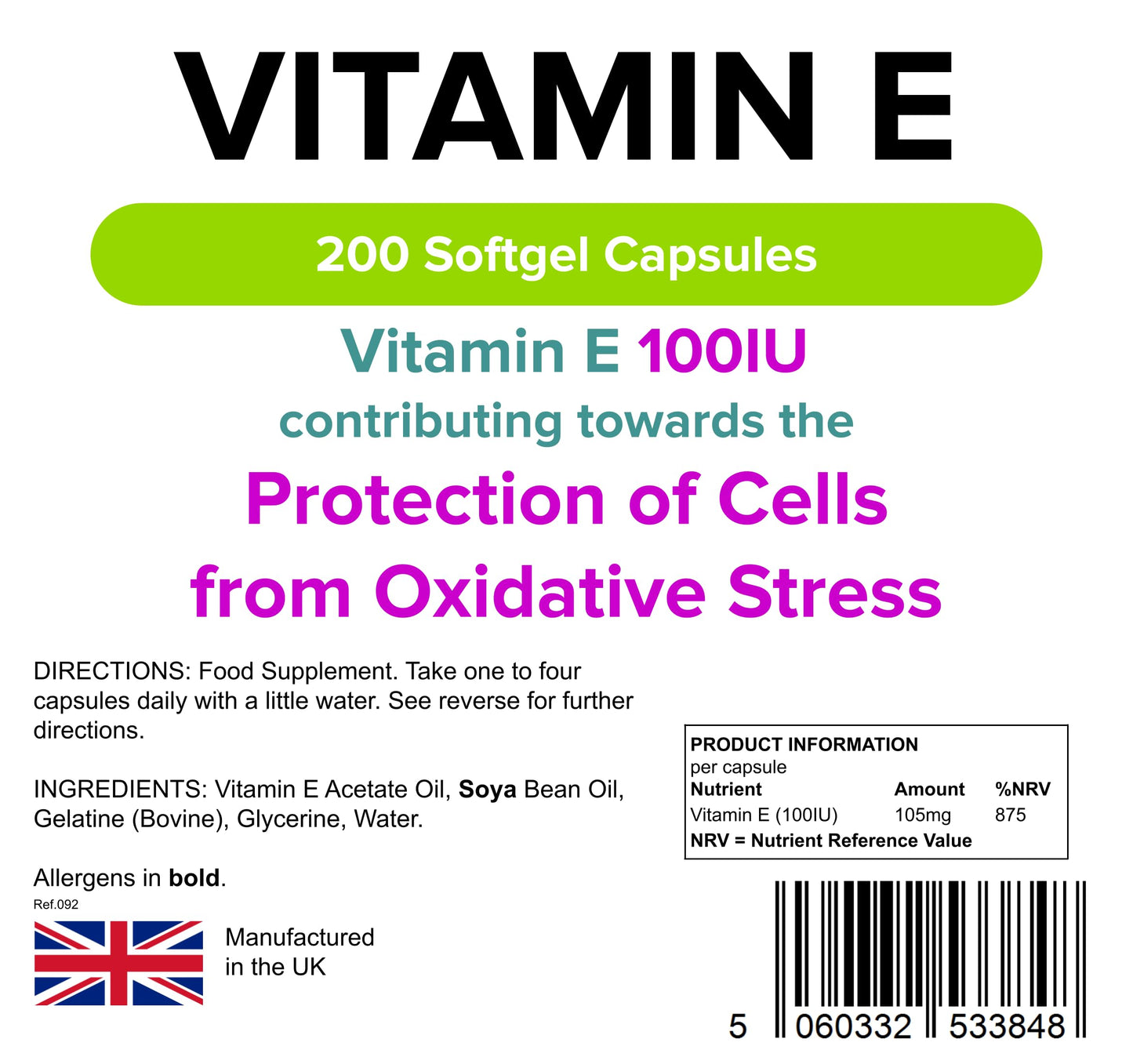 Lindens Vitamin E Oil 100IU - 200 Capsules - UK Made - Skin - Powerful Antioxidant | Protection of Cells from Oxidative Stress | Vitamin E Capsules | Letterbox Friendly