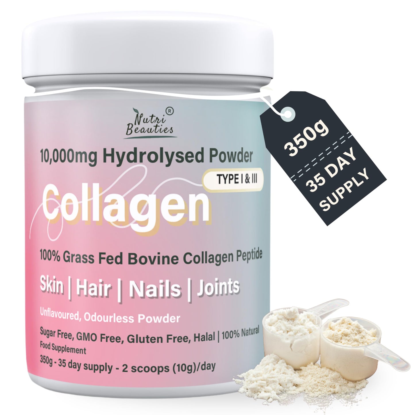 NUTRI BEAUTIES Pure Grass Fed Bovine Collagen Peptides Powder 10,000Mg | 19 Essential Amino Acids | Unflavoured 350g Hydrolyzed Collagen for Women & Men (Type I & III) | 35 Day Supply | Halal | Skin