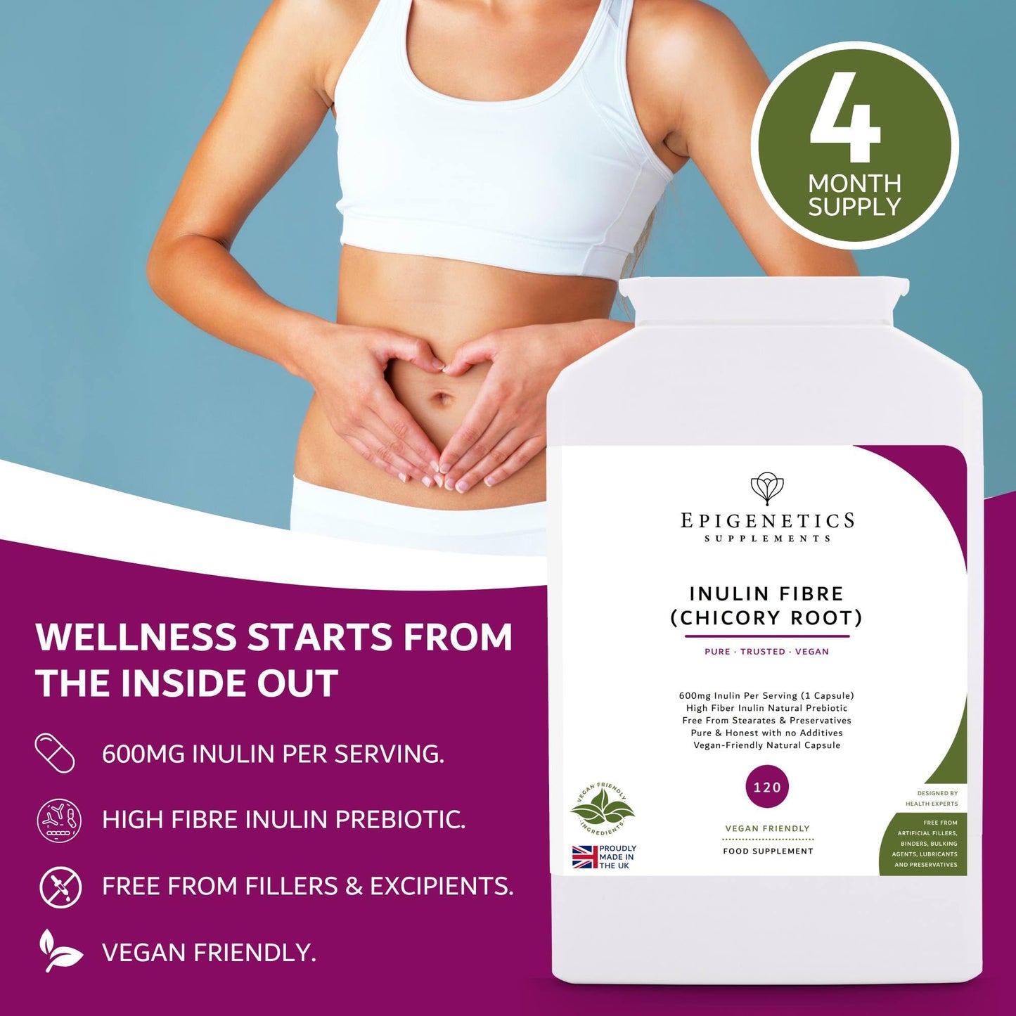 Epigenetics Inulin Fibre Supplement from Chicory Root | 120 Capsules | Prebiotic Gut Health Supplements | Increase Fibre Intake & Support Digestion | Vegan Friendly UK Made | 1 Capsule Daily 4 Months Supply