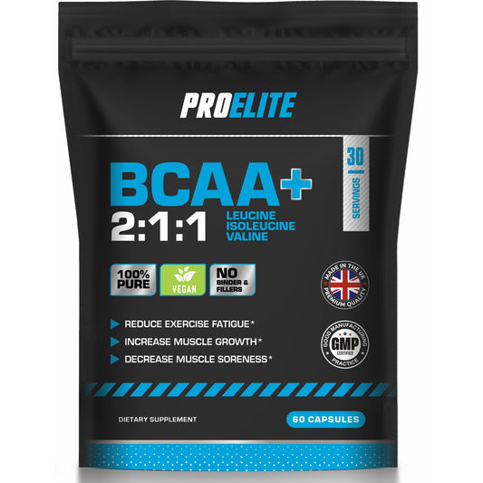 BCAA Capsule 3000mg Per Serving - 60 Vegan Capsules - 2:1:1 Branched Chain Amino Acids Capsules with Vitamin B12 & B6 - BCAA Powder Tablets Alternative - Pre Post Workout for Energy by PROELITE