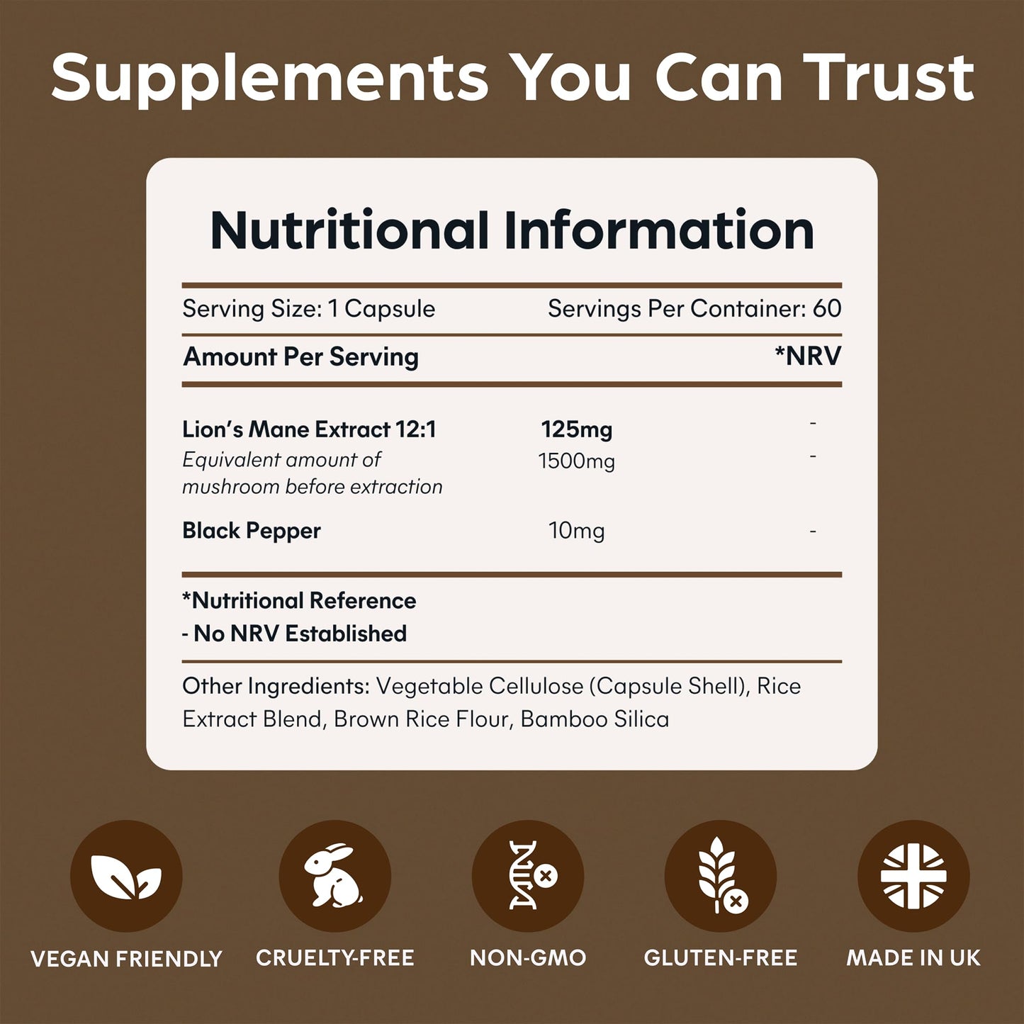 Lions Mane Mushroom Extract Supplement 1500mg - 60 High Strength Vegan Capsules with Black Pepper - Made in The UK by Purolabs