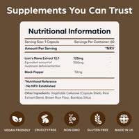 Lions Mane Mushroom Extract Supplement 1500mg - 60 High Strength Vegan Capsules with Black Pepper - Made in The UK by Purolabs