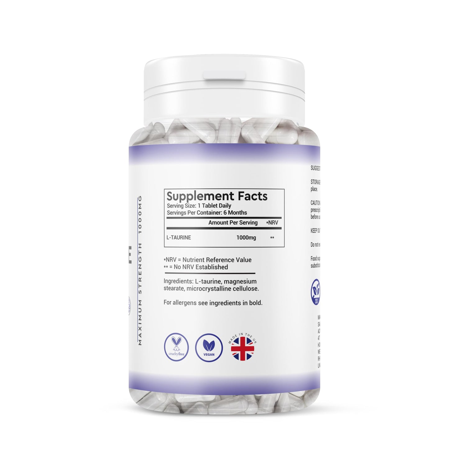 Generic L-Taurine 1000mg Vegan Tablets - 6 Months Supply - Vegan Taurine Supplement