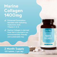Marine Collagen Tablets 1400mg | with Hyaluronic Acid, Vitamin C, E, Zinc & Biotin | High Strength Hydrolysed Collagen Supplements for Women and Men | 120 Tablets | Skin, Joints & Hair | Alpha Foods