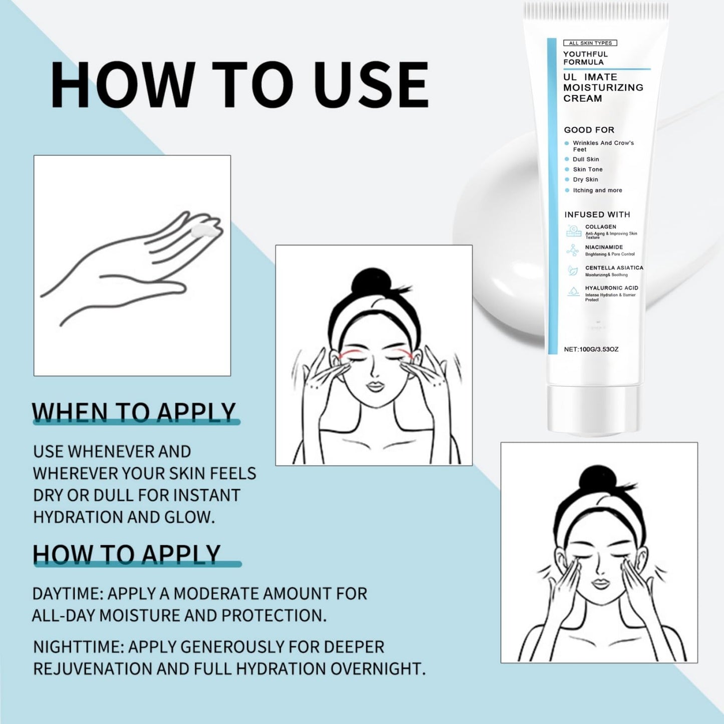 100g Youthful Formula Ul/timate Moisturizing Cream,Face Moisturiser with Collagen,Wrinkle Face Cream for Women,Nourishing Cream with Collagen,Calming Face Moisturizer,Centella Asiatica,Reduce Wrinkles