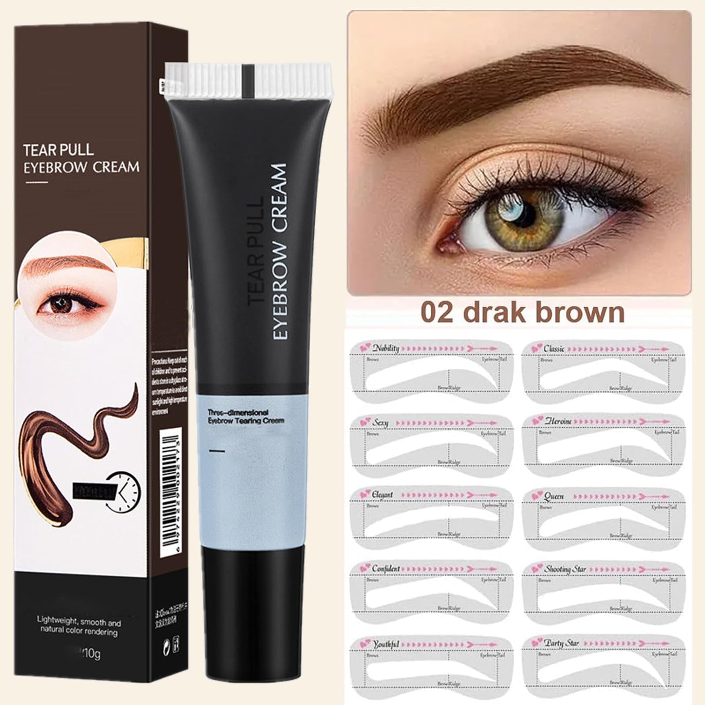 GEEWHILE Eyebrow Tint Tattoo Peel Off Eyebrow Gel Semi-Permanent Colour Brow Tattoo Gel Lasts Up To 3 Days, Waterproof Brow Tint With 10Pcs Eyebrow Stamp Stencil, Eyebrow Makeup Gift For Women(Dark Brown)