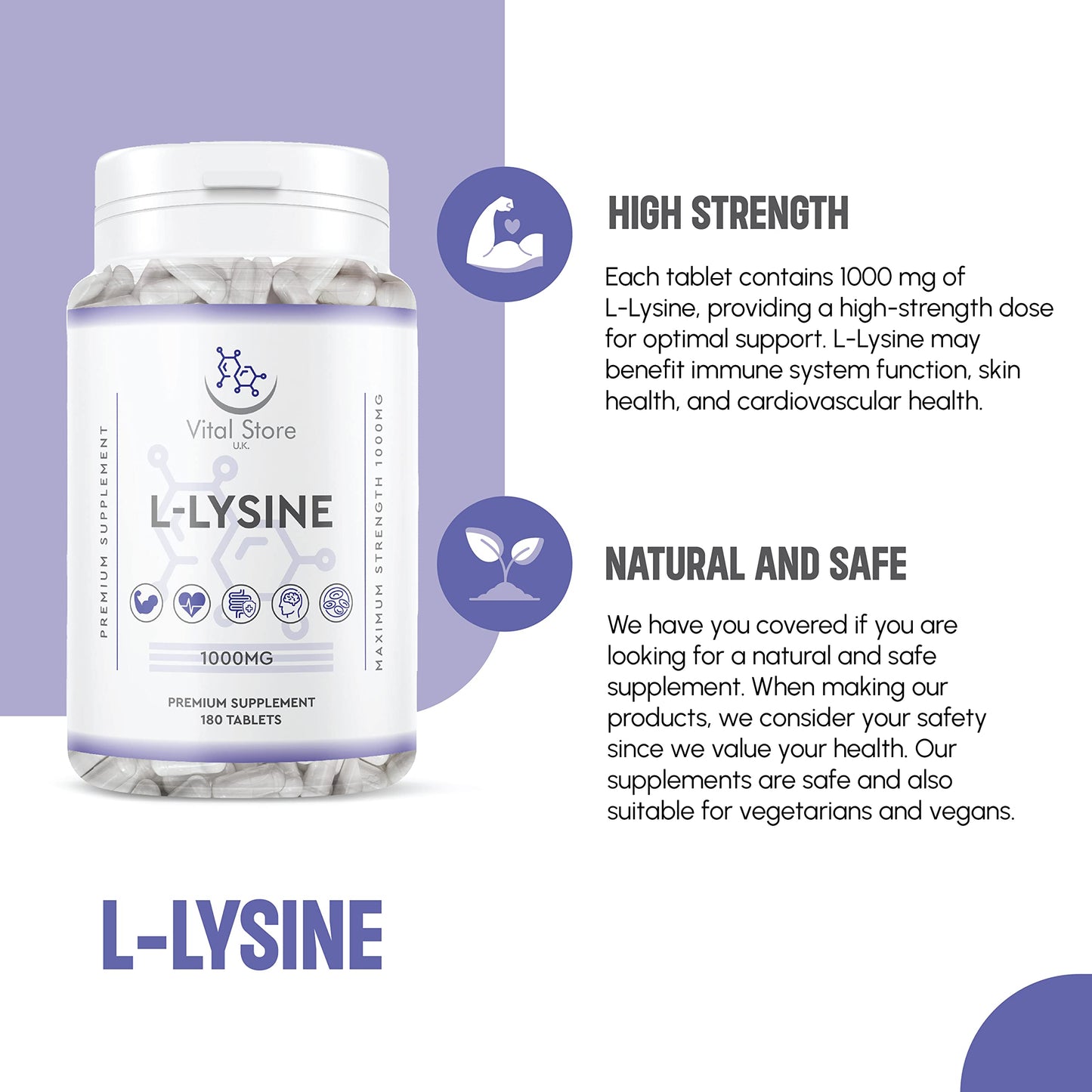 Generic L-LYSINE 1000MG - 180 Vegan Tablets - 6 Month Supply - High Strength Essential Amino Acid