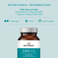 Neutrient Zinc Supplements - Bioactive Zinc Acetate with Added Vitamin C - Easy to Use Citrus Flavoured Lozenge