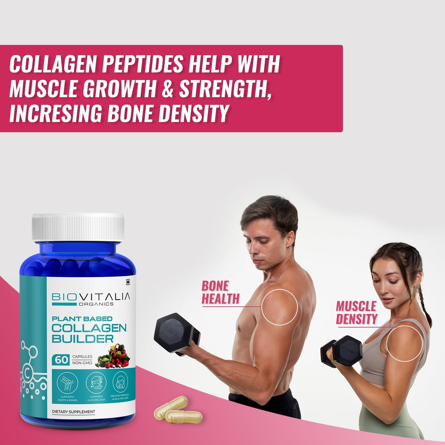 BIOVITALIA ORGANICS Biovitalia Plant Based Collagen Builder Capsule with Biotin & Vitamin C | Dietary Supplement for Men & Women | Promotes Glowing & Youthful Skin | Supports Joints & Bones - 60 Vegan Capsules