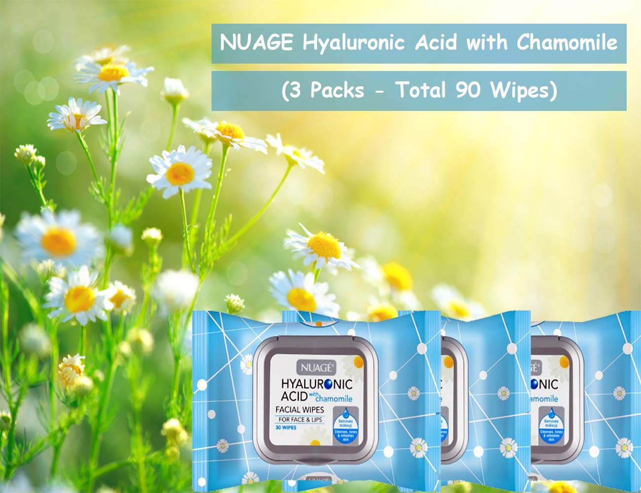 Hyaluronic Acid Skin Renewing Facial Wipes with Chamomile for Cleansing and Moisturising Sensitive and All Skin Types 30 Wipes (3 Pack - Total 90 Wipes)