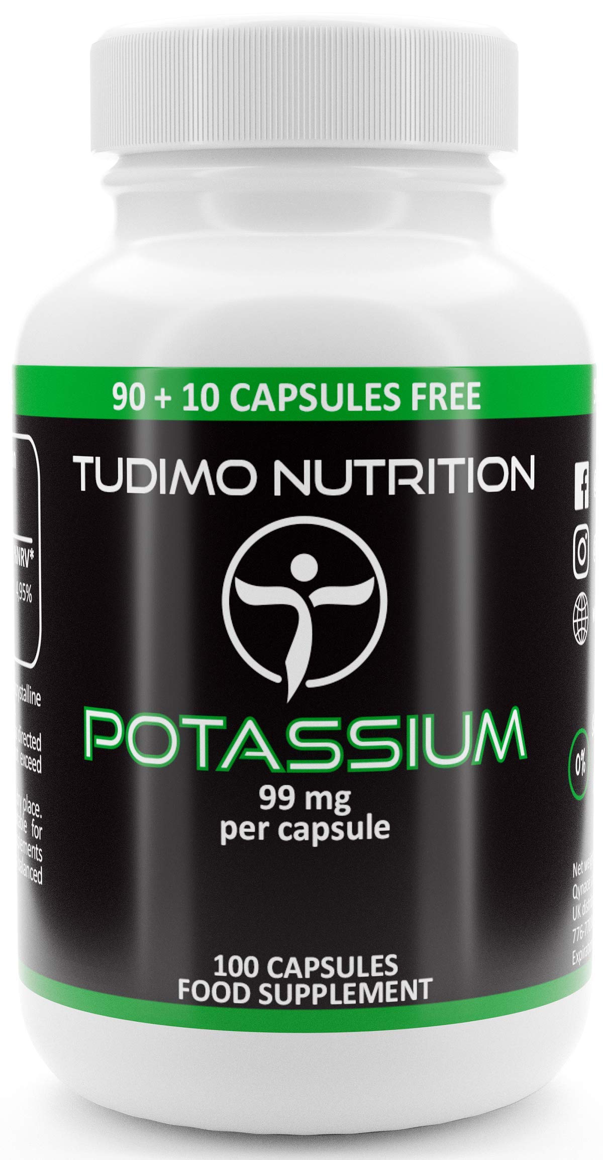 TUDIMO Potassium Supplements | Potassium Gluconate Capsules - 99mg per Capsule - 100 Capsules, Each with 99 mg of Premium Quality Potasium Gluconate Powder