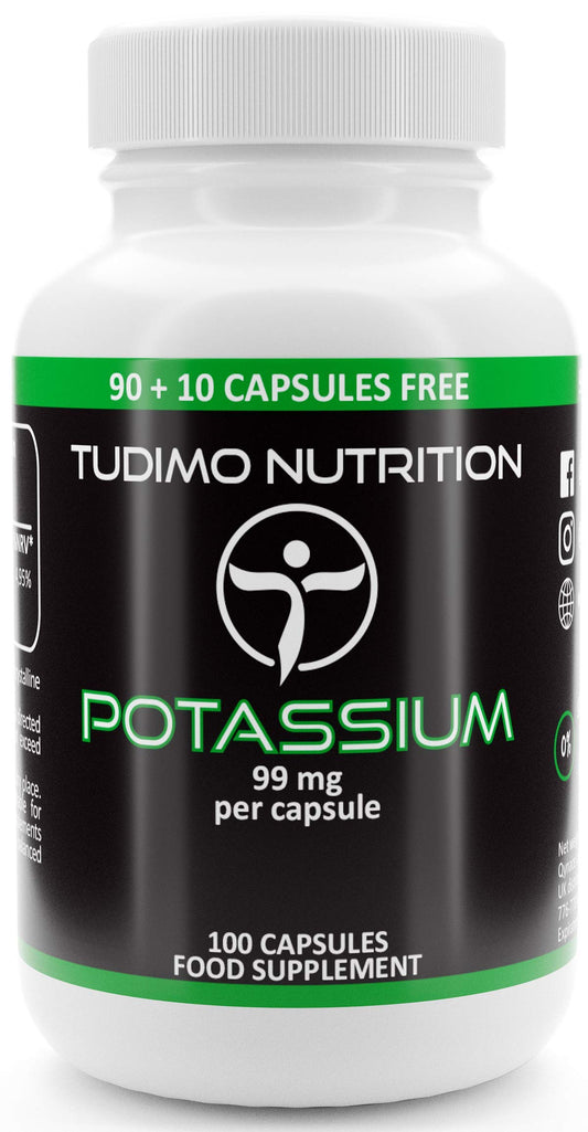 TUDIMO Potassium Supplements | Potassium Gluconate Capsules - 99mg per Capsule - 100 Capsules, Each with 99 mg of Premium Quality Potasium Gluconate Powder