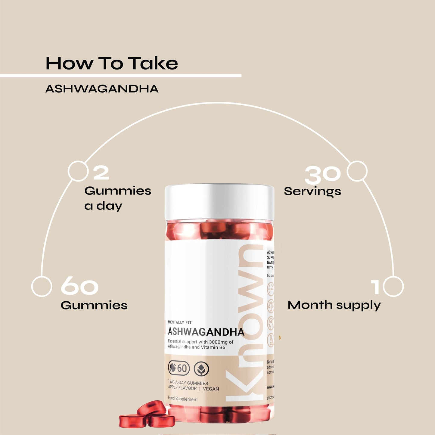 Ashwagandha Gummies 3000MG High Strength by Known Nutrition with Vitamin B6 | 120 Two-a-Day Gummies | Natural Botanical Extract | for Natural Stress Reduction | Apple Flavour (2 Months Supply)