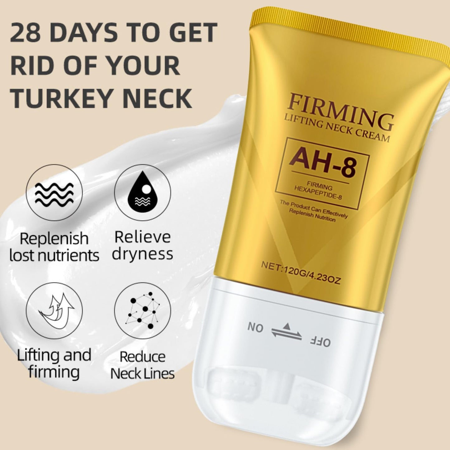 AH-8 Firming Neck Cream – Hexapeptide-Infused Neck Cream for Tightening & Lifting – Reduce Fine Lines, Wrinkles, Double Chin & Sagging Skin – With Dual Roller Massage Applicator 120g